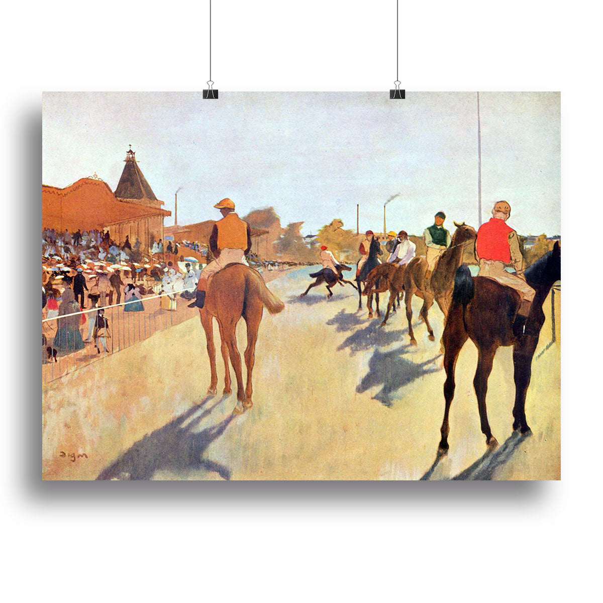 Canvas print or poster of Degas' Jockeys in front of the grandstand, showcasing vibrant colors and dynamic horse racing scene.